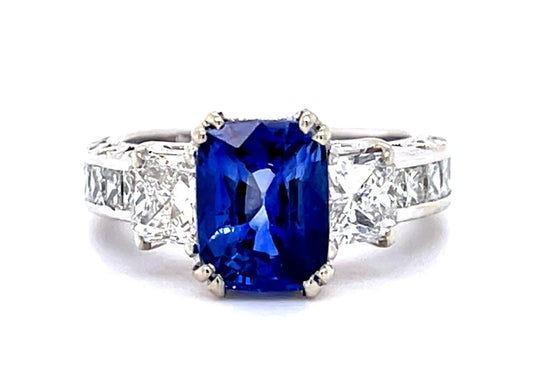 3.02ct Emerald-cut Sapphire .70ct Princess Diamond 18KW Ring 1.68ct SD