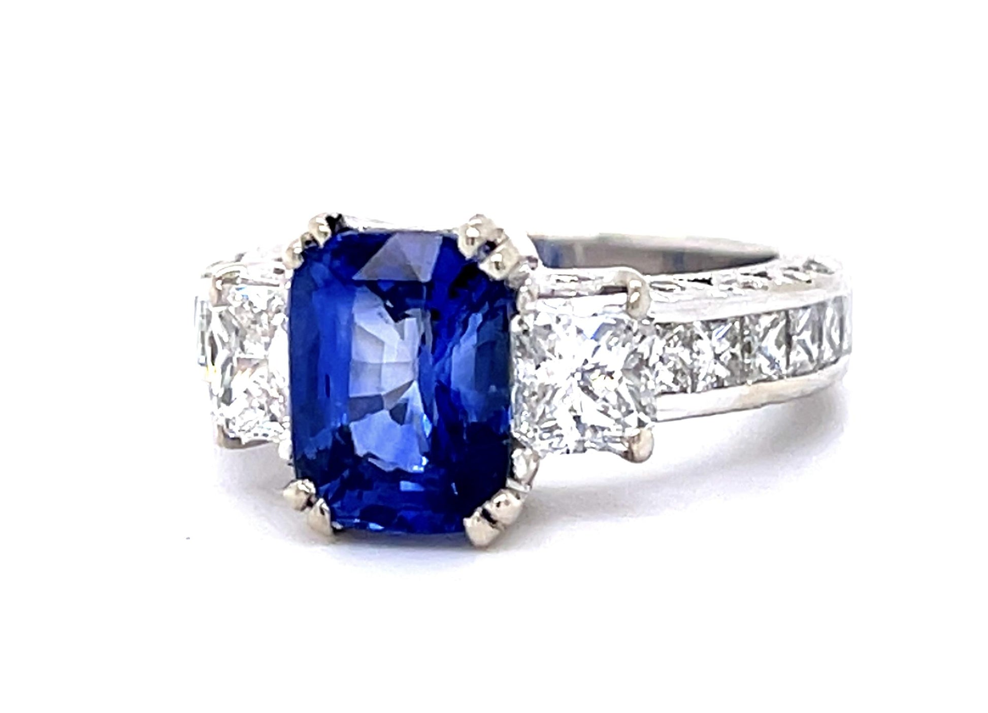 3.02ct Emerald-cut Sapphire .70ct Princess Diamond 18KW Ring 1.68ct SD
