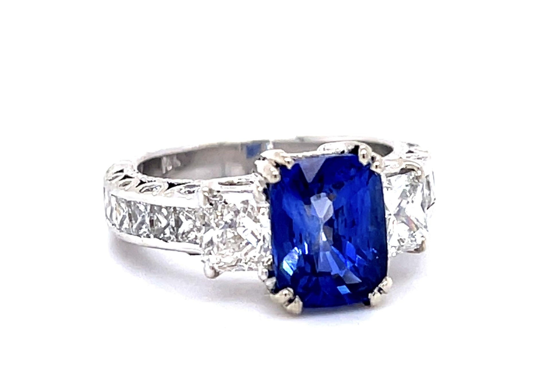 3.02ct Emerald-cut Sapphire .70ct Princess Diamond 18KW Ring 1.68ct SD
