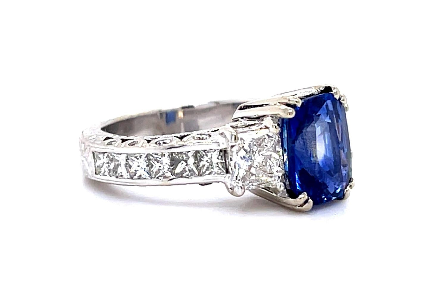 3.02ct Emerald-cut Sapphire .70ct Princess Diamond 18KW Ring 1.68ct SD
