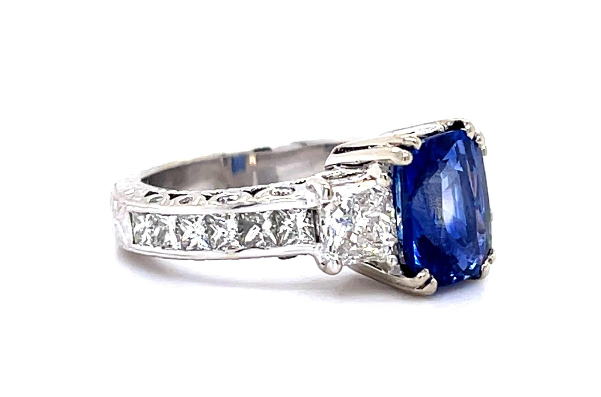 3.02ct Emerald-cut Sapphire .70ct Princess Diamond 18KW Ring 1.68ct SD