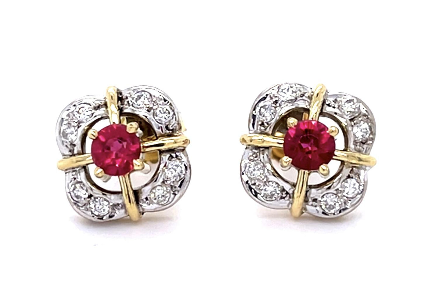 .60ct Ruby .24ct Diamond 18K 2 Tone Gold Stud Earrings