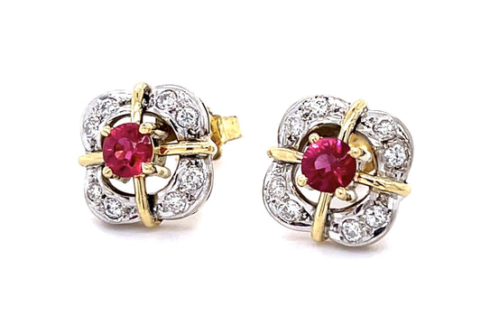 .60ct Ruby .24ct Diamond 18K 2 Tone Gold Stud Earrings
