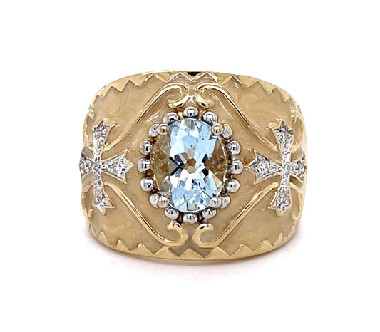 1.75ct Aquamarine .14ct Diamond Religious Cross Motif 14KY Cigar Band Ring