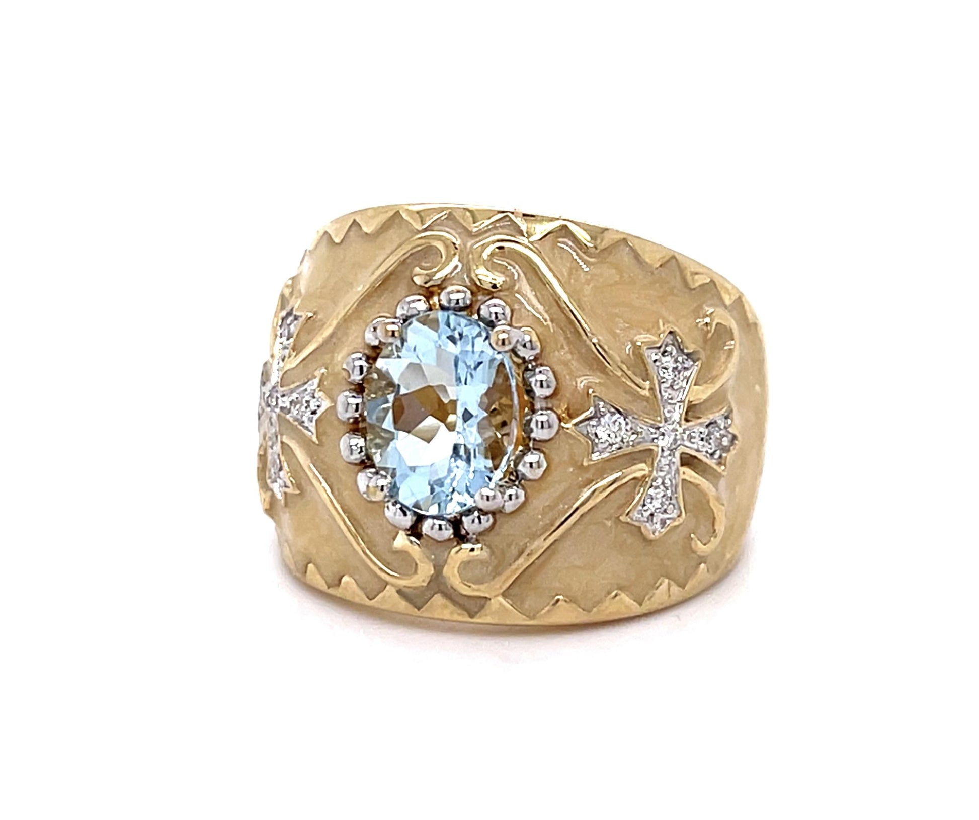 1.75ct Aquamarine .14ct Diamond Religious Cross Motif 14KY Cigar Band Ring