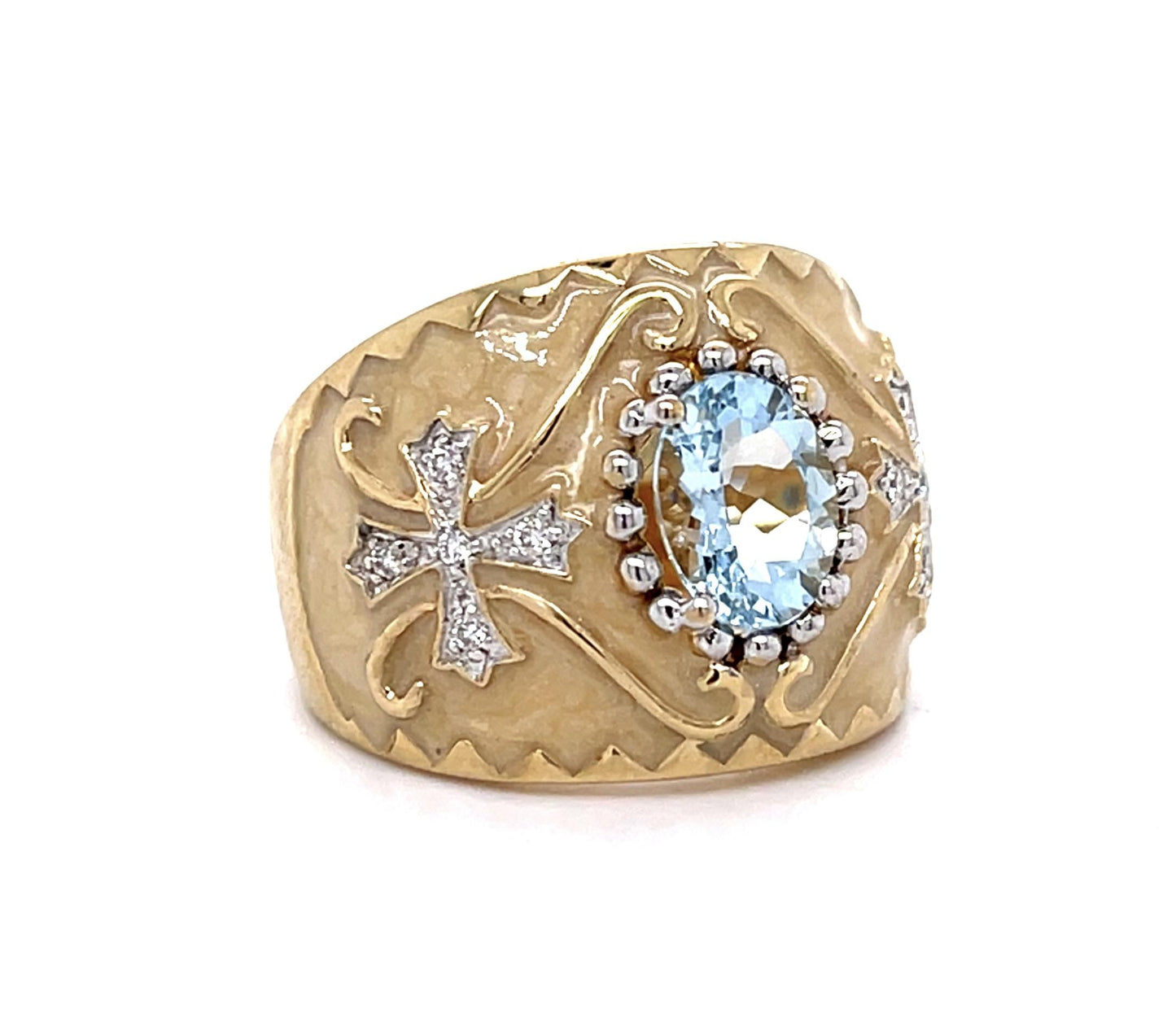 1.75ct Aquamarine .14ct Diamond Religious Cross Motif 14KY Cigar Band Ring