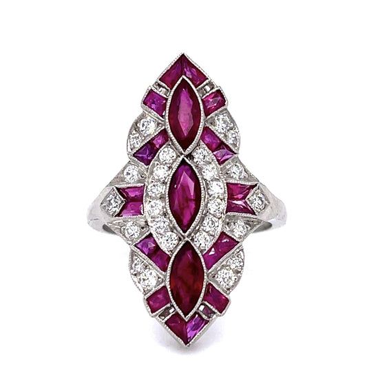 1.26ct Three Marquise Burma Ruby (No Cert) Platinum Handmade Navette Ring