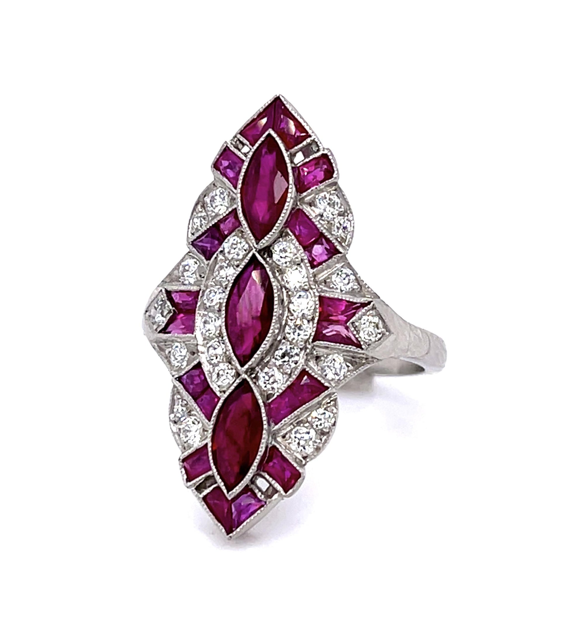 1.26ct Three Marquise Burma Ruby (No Cert) Platinum Handmade Navette Ring