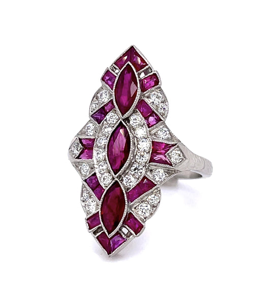 1.26ct Three Marquise Burma Ruby (No Cert) Platinum Handmade Navette Ring