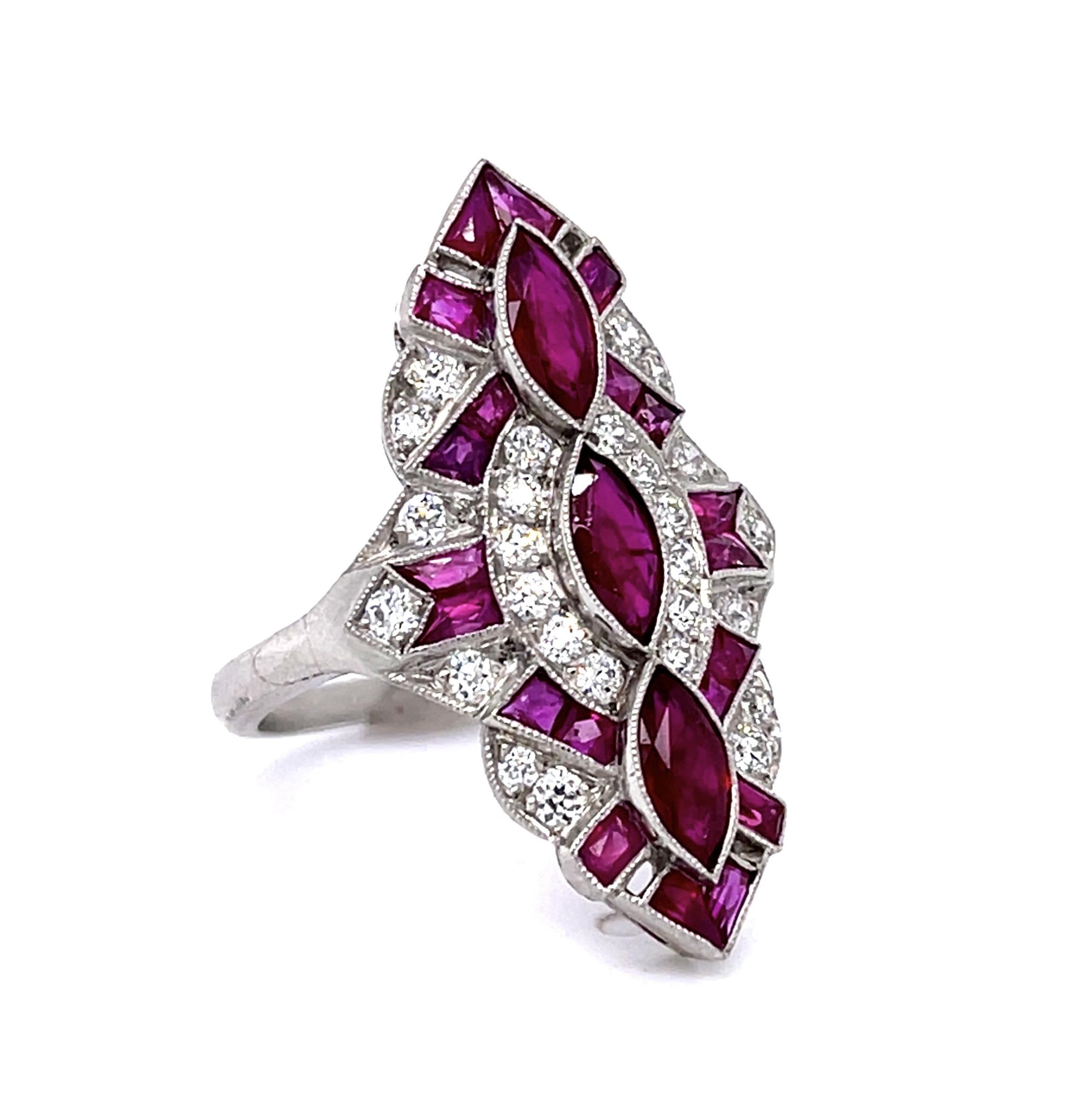 1.26ct Three Marquise Burma Ruby (No Cert) Platinum Handmade Navette Ring