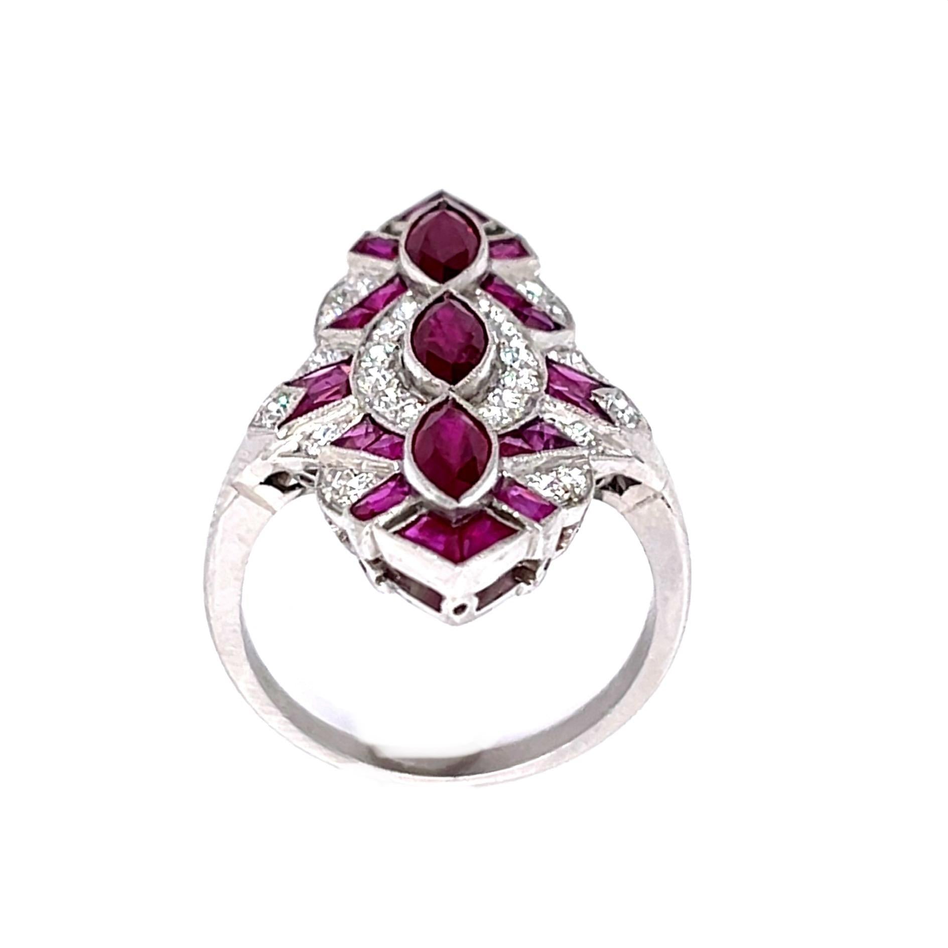 1.26ct Three Marquise Burma Ruby (No Cert) Platinum Handmade Navette Ring