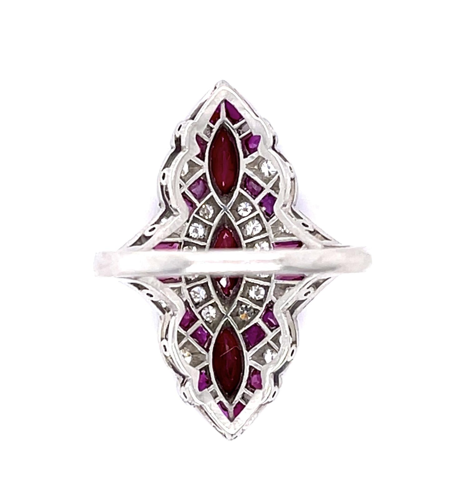 1.26ct Three Marquise Burma Ruby (No Cert) Platinum Handmade Navette Ring