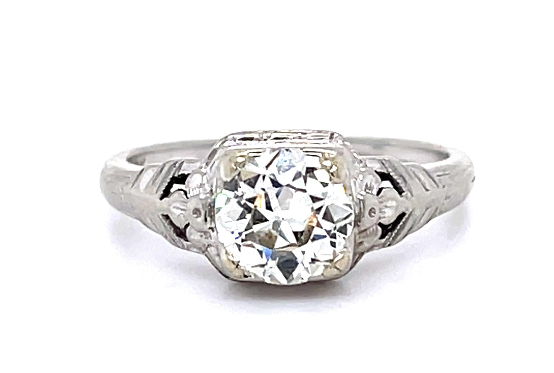 Art Deco .96ct K VS2 Old European Diamond (No Cert) 18KW Ring (Antique 1920s)