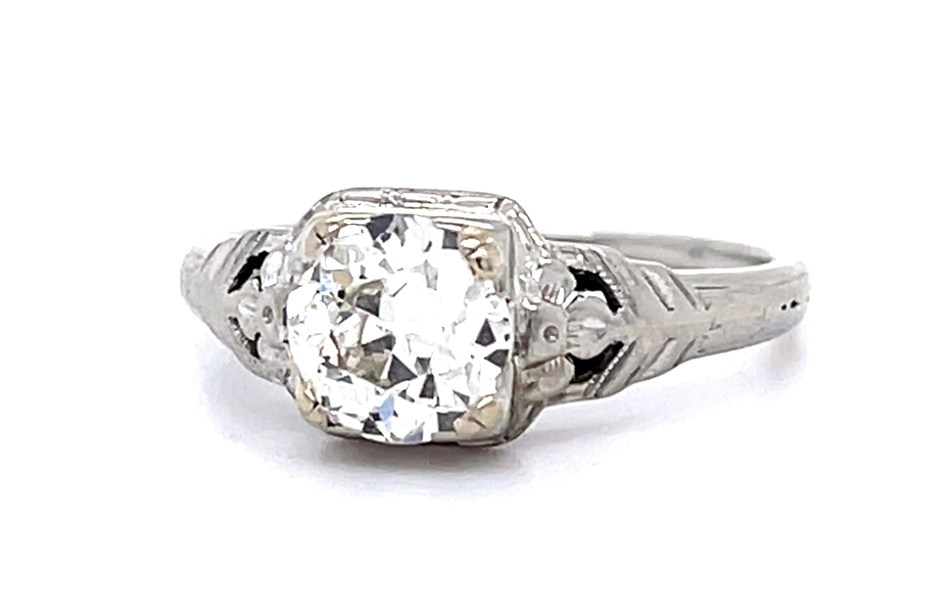 Art Deco .96ct K VS2 Old European Diamond (No Cert) 18KW Ring (Antique 1920s)