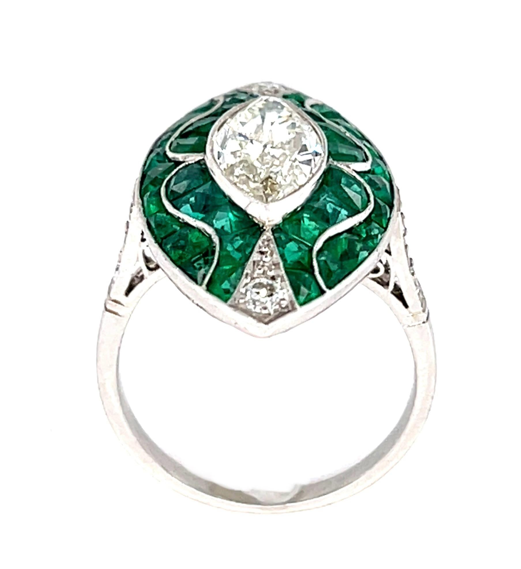 1.62ct Marquise Diamond 4.42ct Calibre-set French-cut Emerald Handmade PT Ring