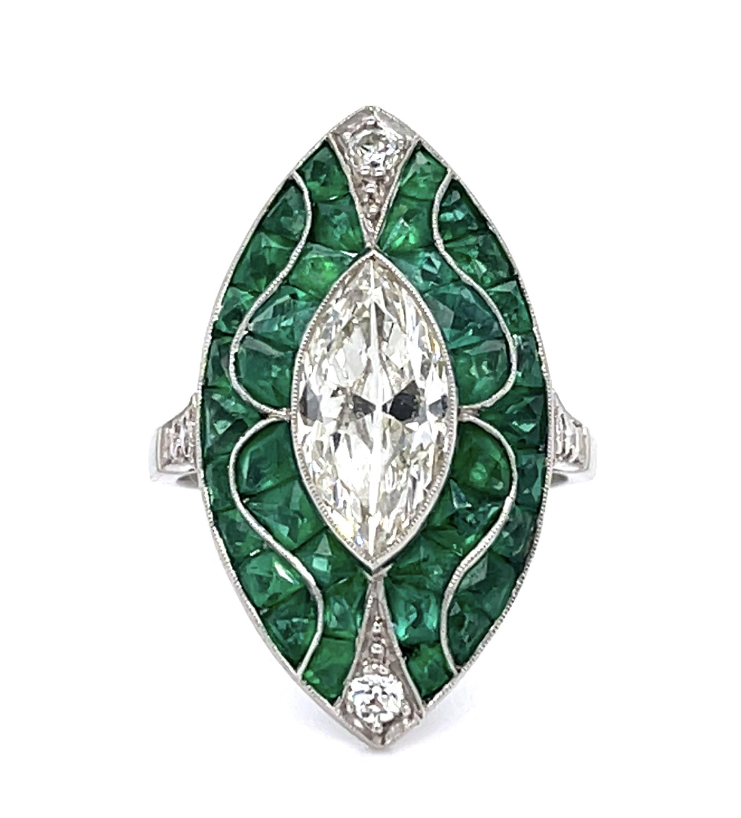 1.62ct Marquise Diamond 4.42ct Calibre-set French-cut Emerald Handmade PT Ring