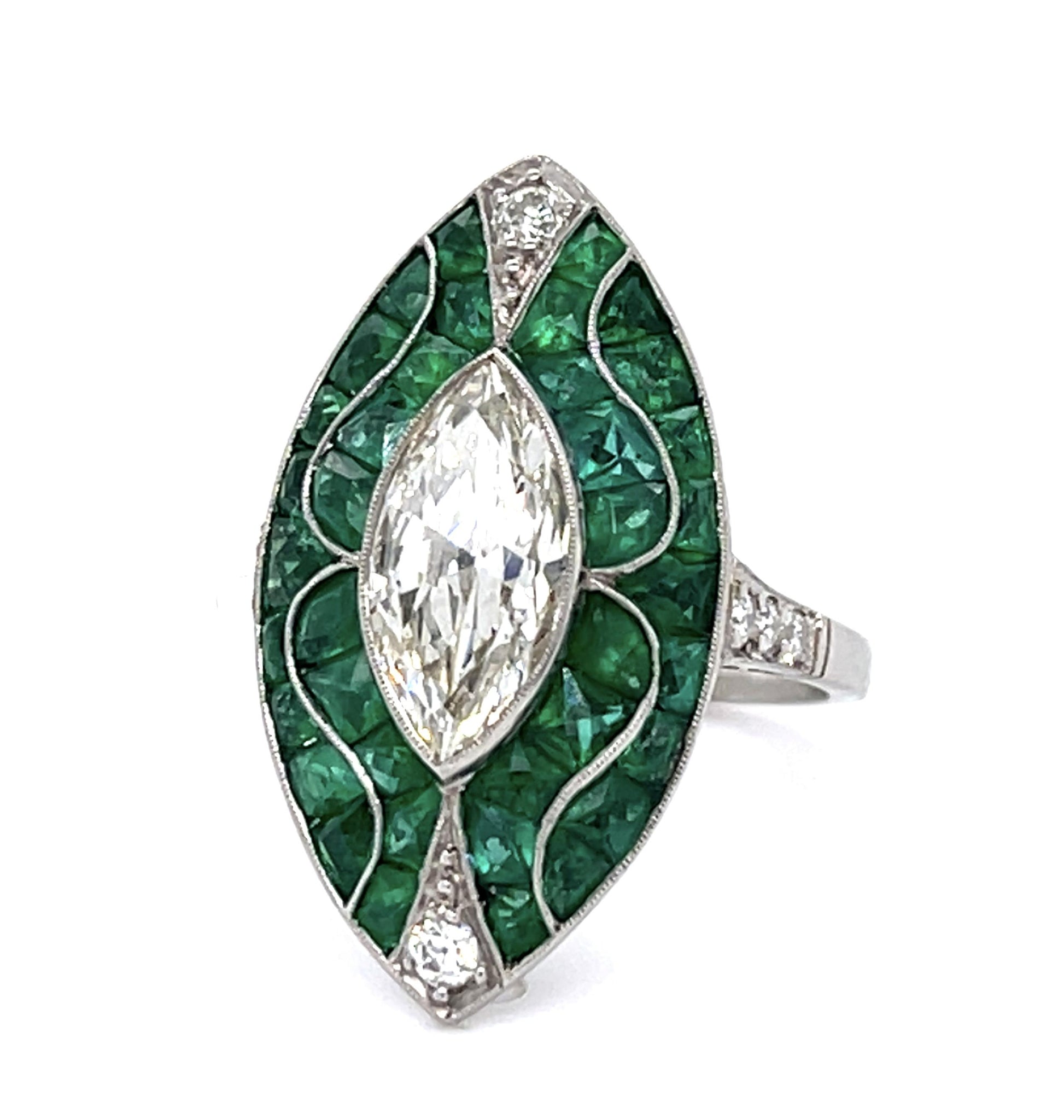 1.62ct Marquise Diamond 4.42ct Calibre-set French-cut Emerald Handmade PT Ring