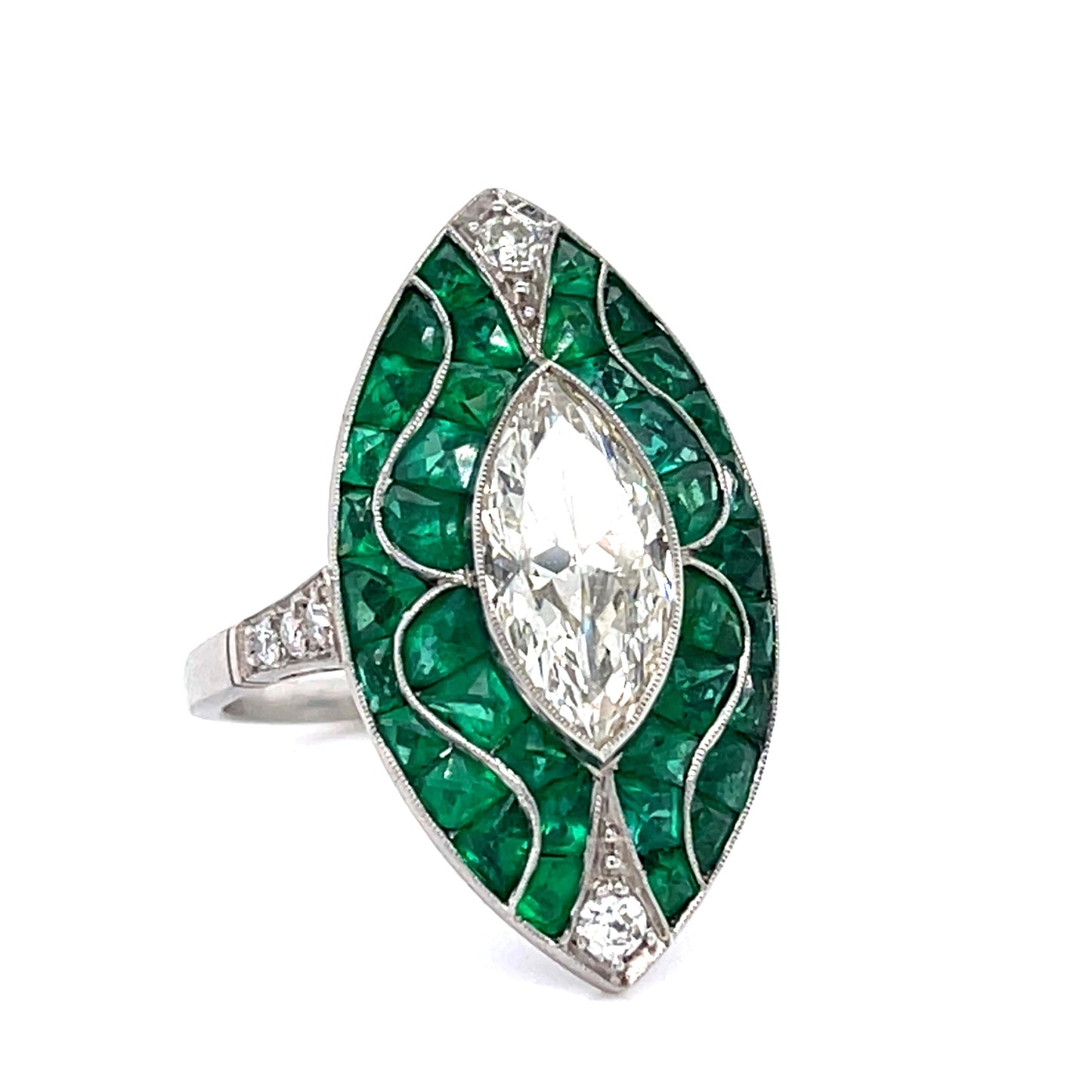 1.62ct Marquise Diamond 4.42ct Calibre-set French-cut Emerald Handmade PT Ring