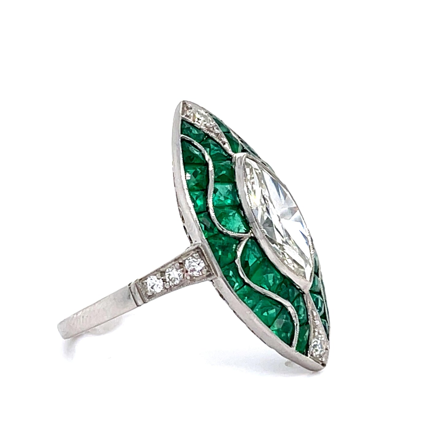 1.62ct Marquise Diamond 4.42ct Calibre-set French-cut Emerald Handmade PT Ring