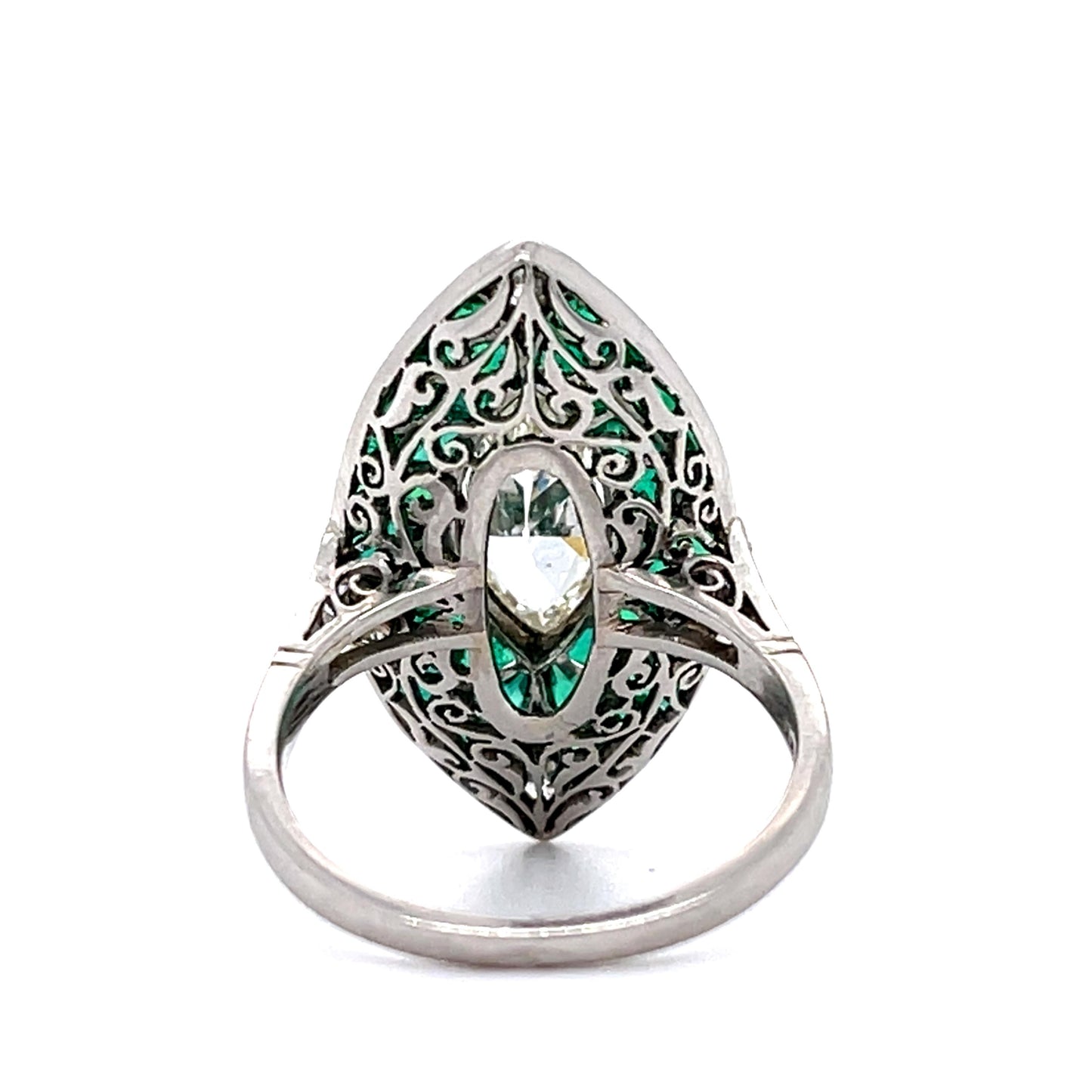 1.62ct Marquise Diamond 4.42ct Calibre-set French-cut Emerald Handmade PT Ring
