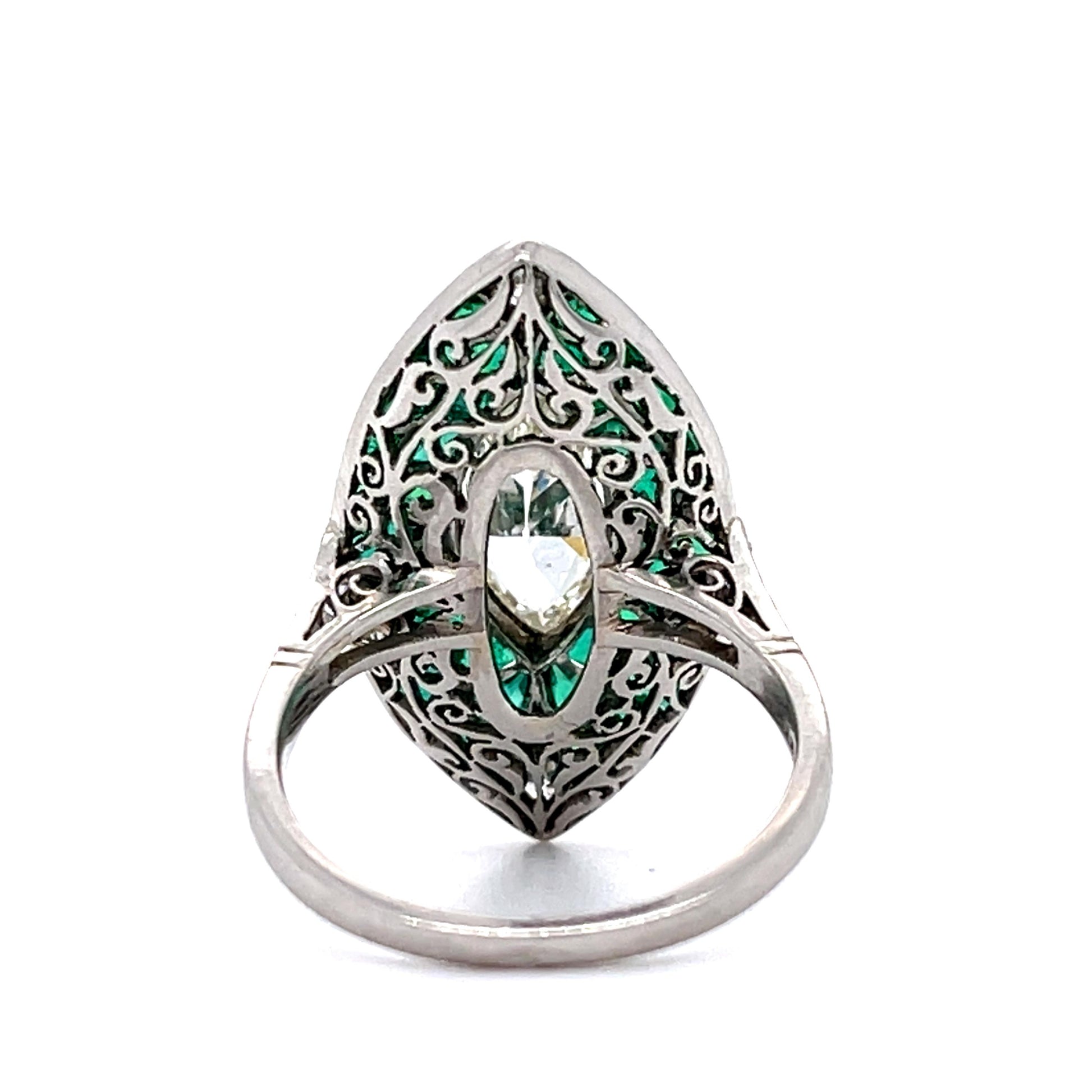 1.62ct Marquise Diamond 4.42ct Calibre-set French-cut Emerald Handmade PT Ring