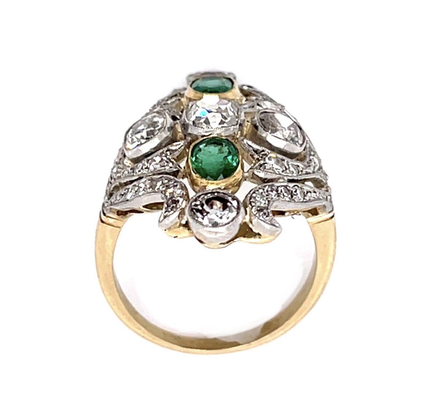 Edwardian 1.48ct (Five Old Mine+Old Euro Dia) .73ct Emerald PT Handmade Ring