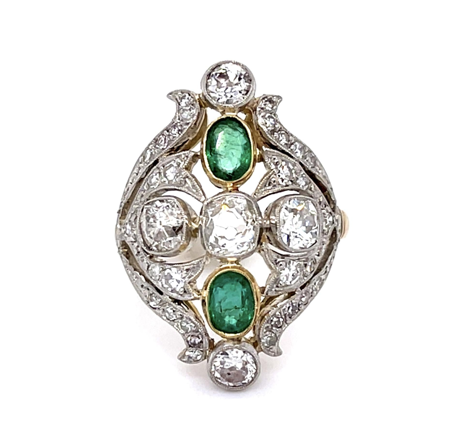 Edwardian 1.48ct (Five Old Mine+Old Euro Dia) .73ct Emerald PT Handmade Ring
