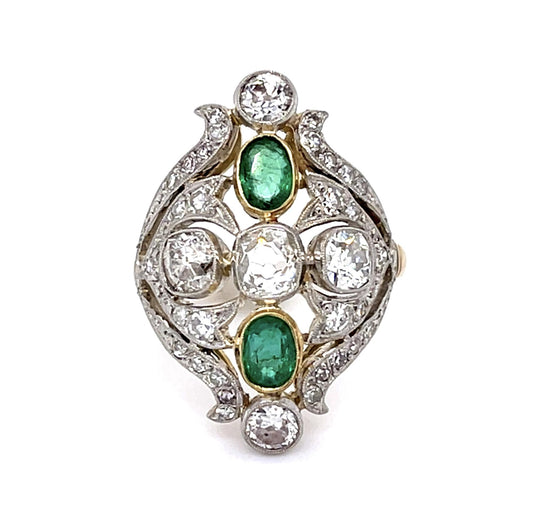Edwardian 1.48ct (Five Old Mine+Old Euro Dia) .73ct Emerald PT Handmade Ring
