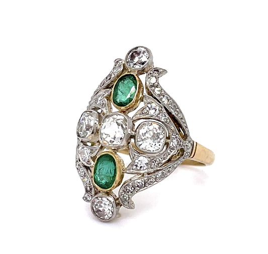 Edwardian 1.48ct (Five Old Mine+Old Euro Dia) .73ct Emerald PT Handmade Ring