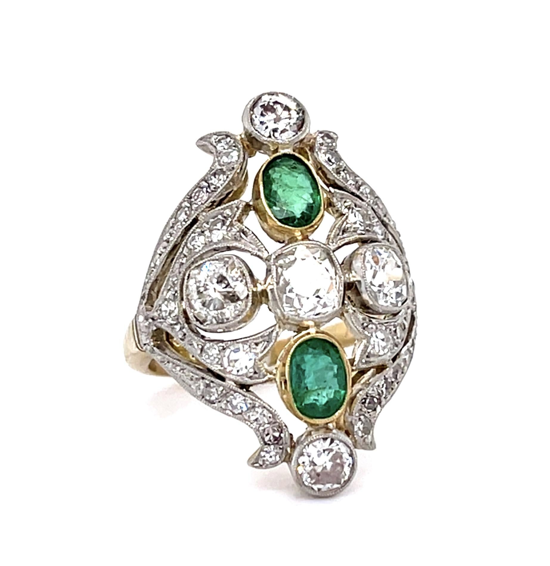 Edwardian 1.48ct (Five Old Mine+Old Euro Dia) .73ct Emerald PT Handmade Ring