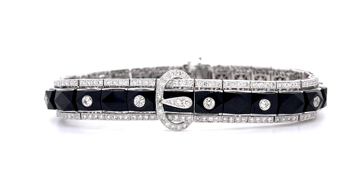 Art Deco 4.50ct Euro Diamond + Onyx 18KW Link Bracelet (Antique 1920s)