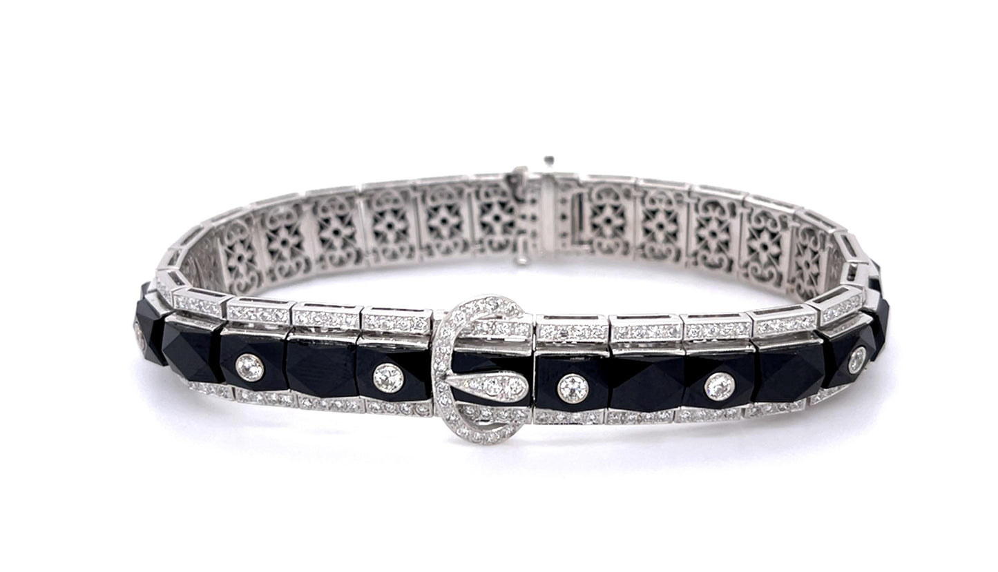 Art Deco 4.50ct Euro Diamond + Onyx 18KW Link Bracelet (Antique 1920s)