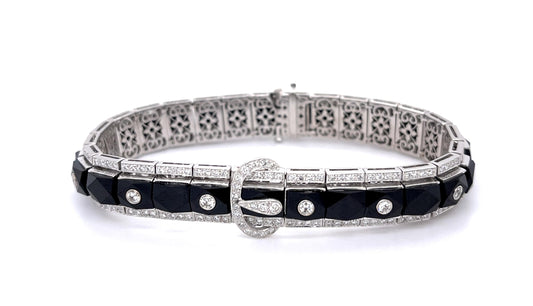 Art Deco 4.50ct Euro Diamond + Onyx 18KW Link Bracelet (Antique 1920s)