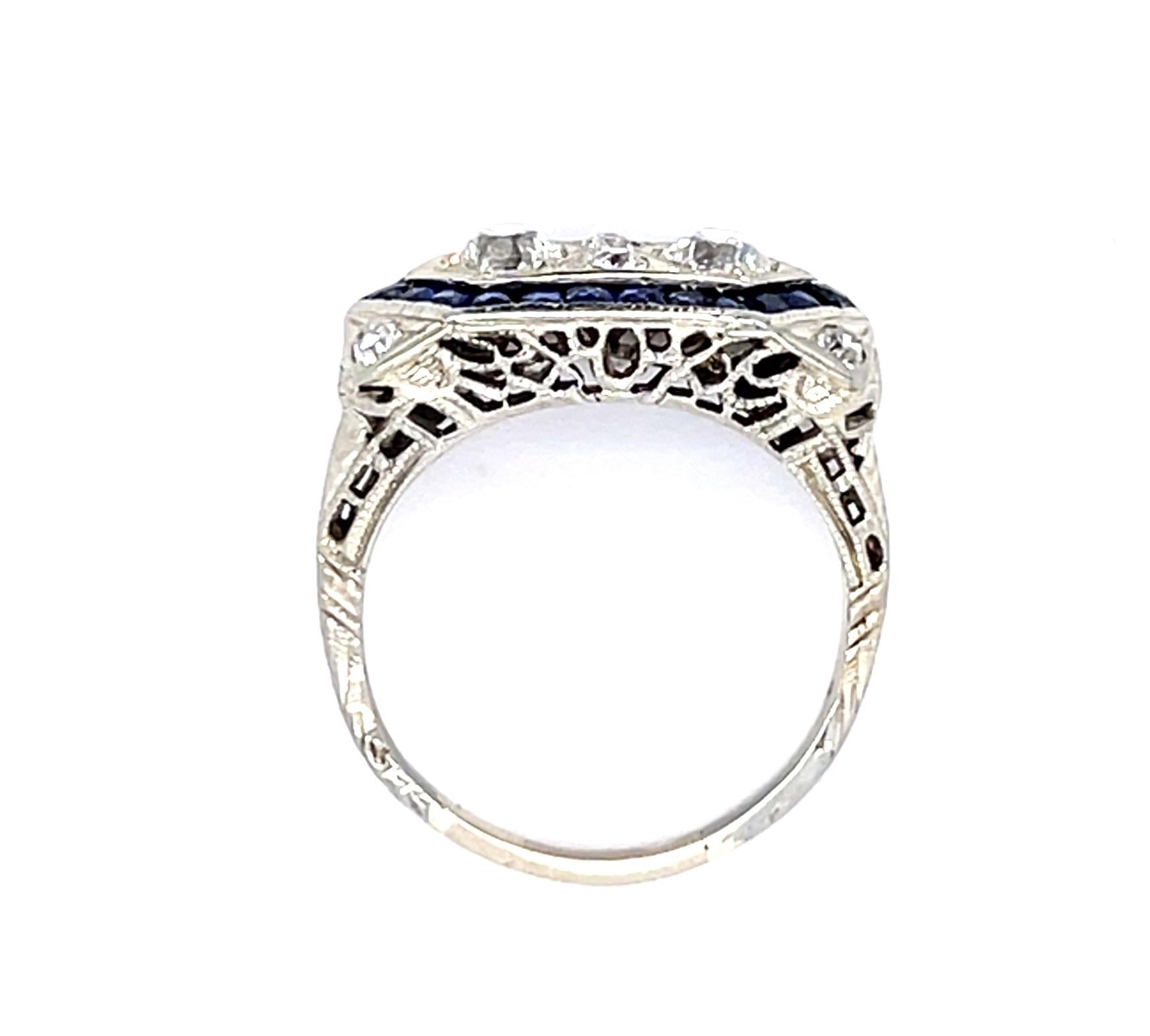 Original Art Deco .50ct Euro Diamond 1ct French-cut Sapphire 14KW Ring