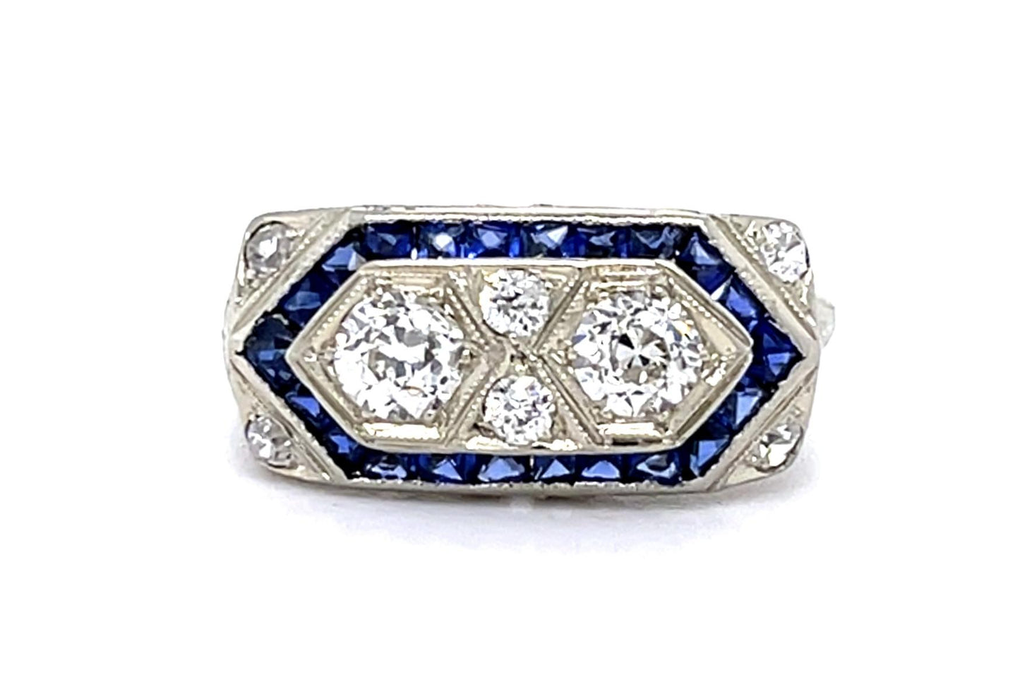 Original Art Deco .50ct Euro Diamond 1ct French-cut Sapphire 14KW Ring