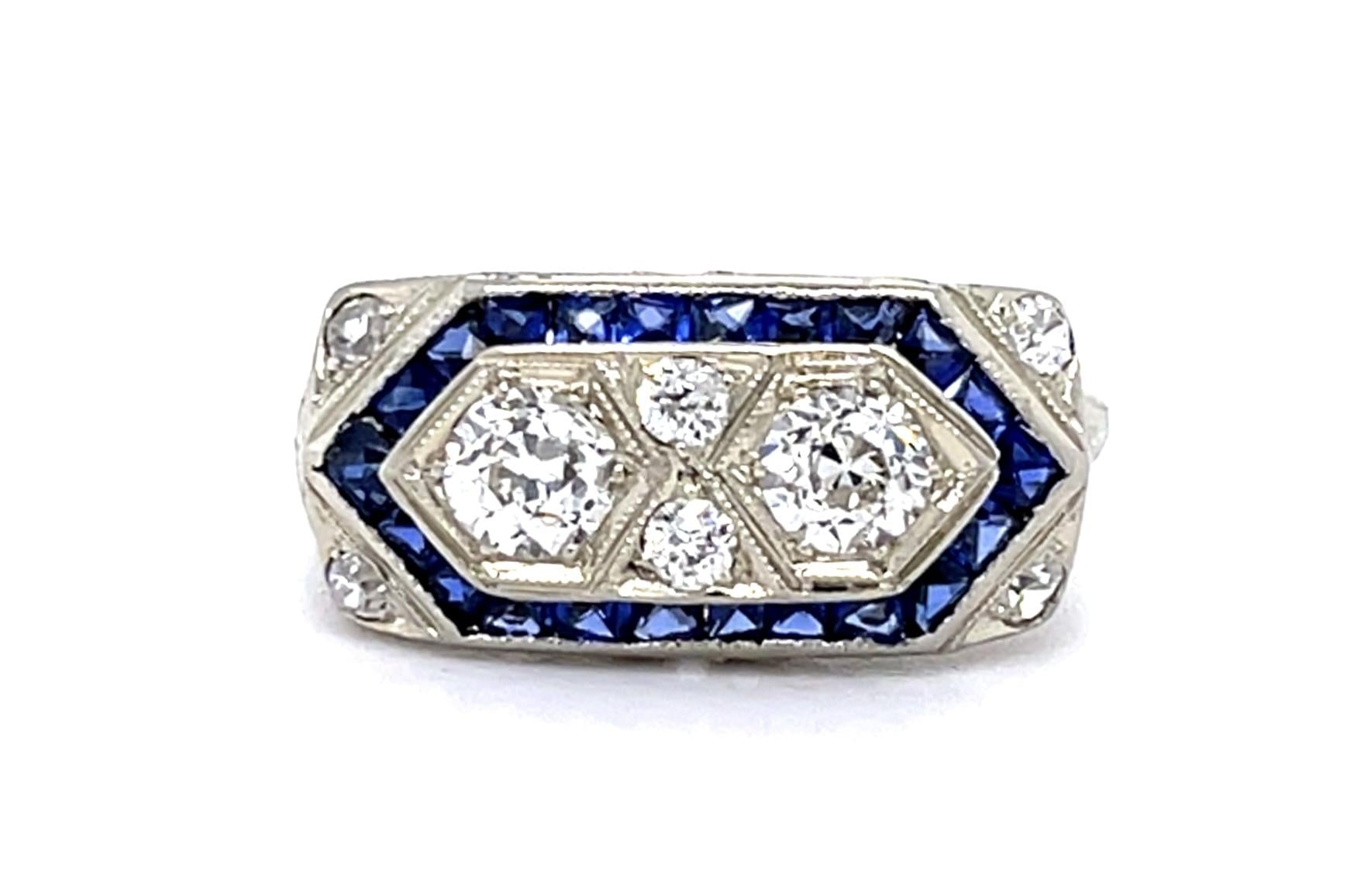 Original Art Deco .50ct Euro Diamond 1ct French-cut Sapphire 14KW Ring