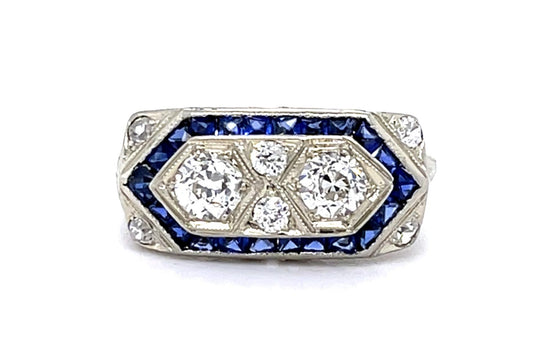Original Art Deco .50ct Euro Diamond 1ct French-cut Sapphire 14KW Ring
