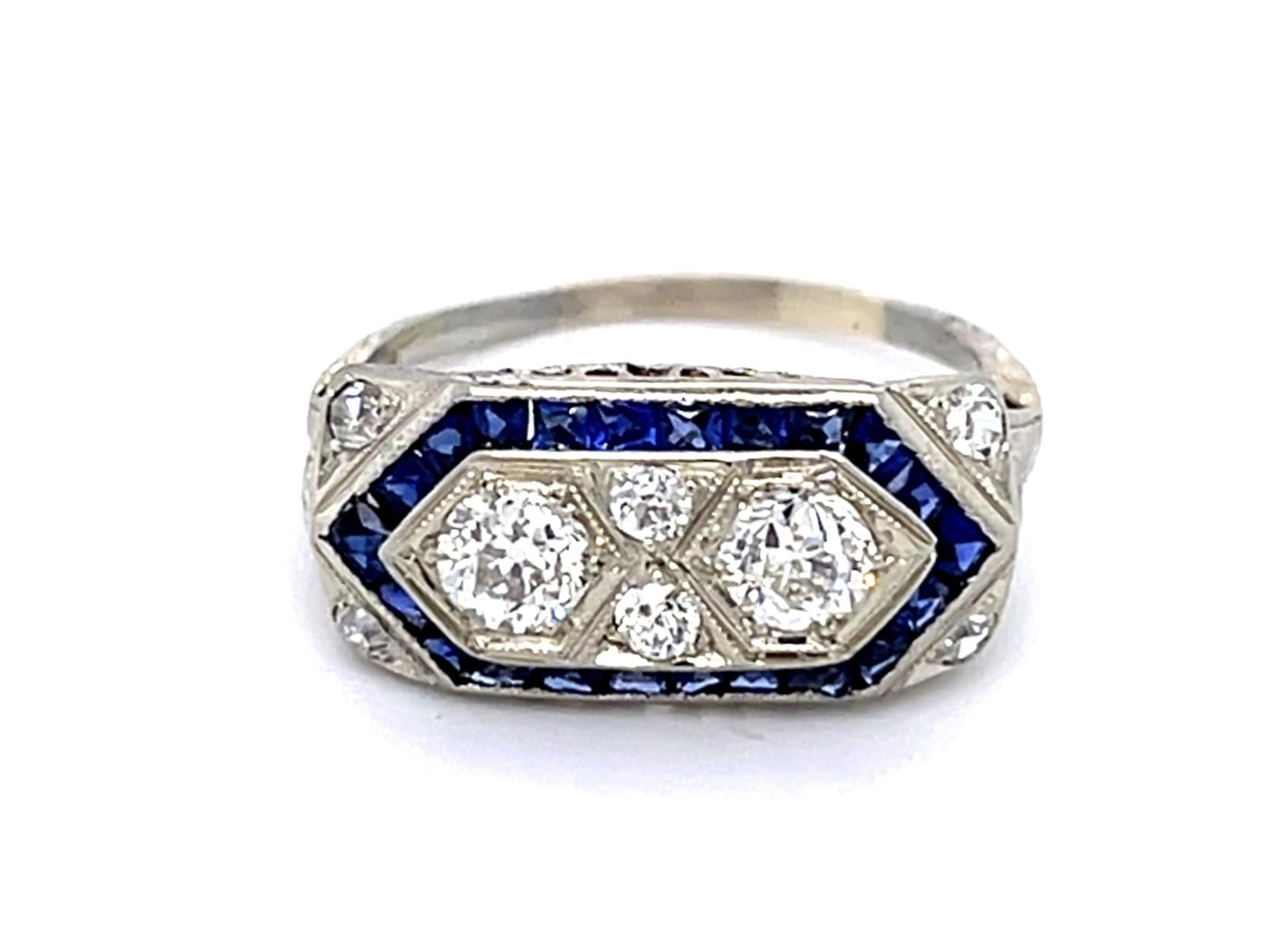 Original Art Deco .50ct Euro Diamond 1ct French-cut Sapphire 14KW Ring