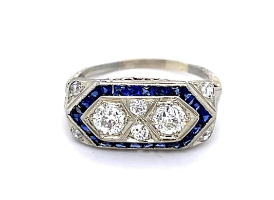 Original Art Deco .50ct Euro Diamond 1ct French-cut Sapphire 14KW Ring