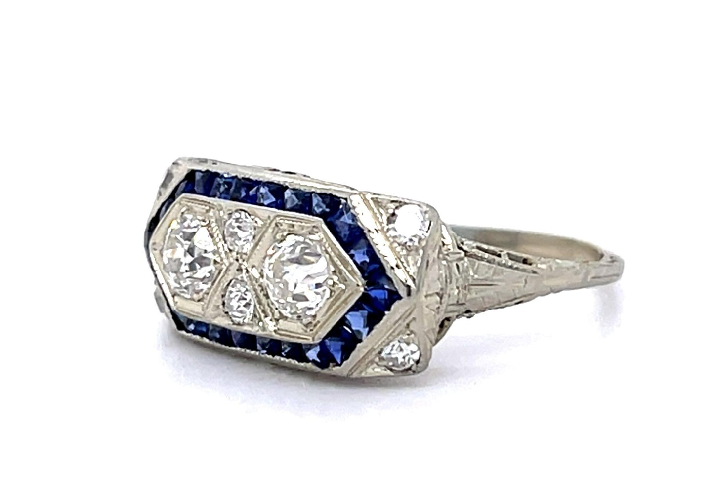 Original Art Deco .50ct Euro Diamond 1ct French-cut Sapphire 14KW Ring