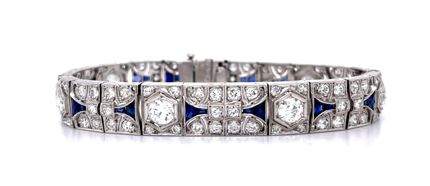 Original Art Deco 5.50ct Diamond 4.50ct Sapphire PT Bracelet (Antique 1920s)