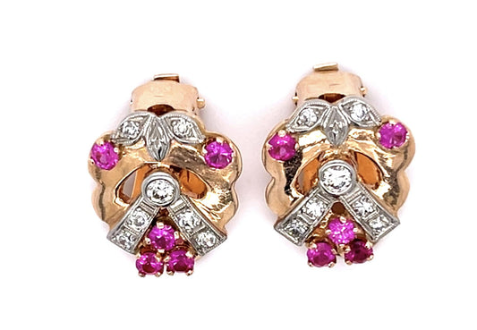 Original Retro .60ct Diamond 14K Rose Gold Clip Earrings Red Stones