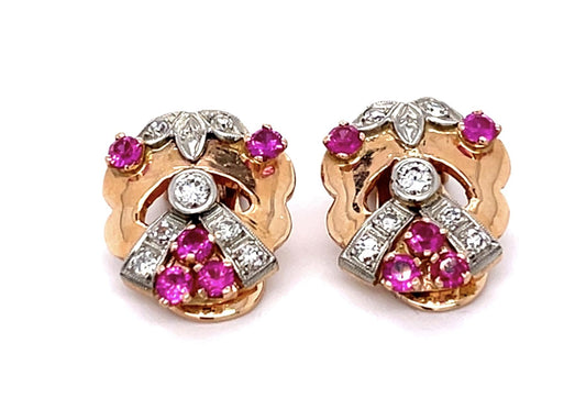 Original Retro .60ct Diamond 14K Rose Gold Clip Earrings Red Stones