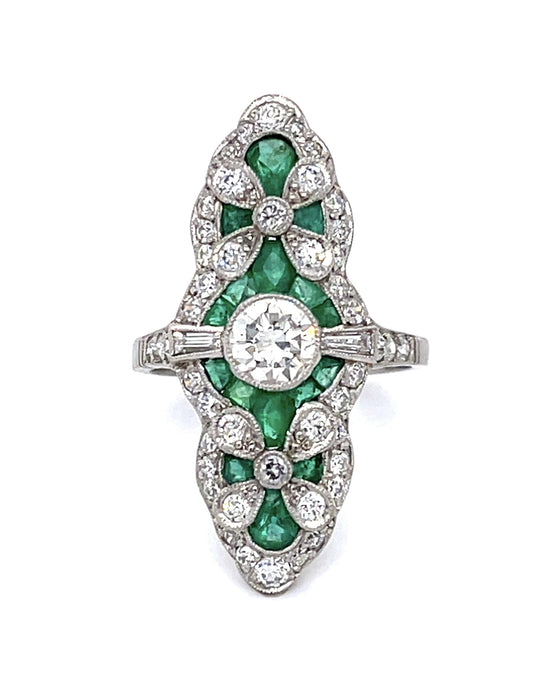 .62ct European Diamond 2.78ct Emerald Platinum Handmade Ring