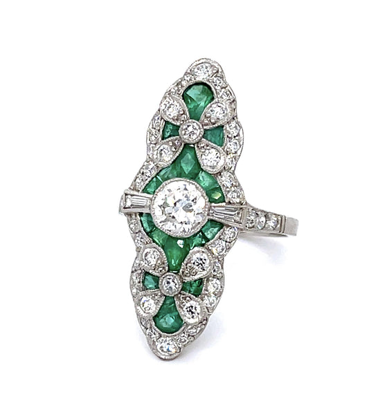 .62ct European Diamond 2.78ct Emerald Platinum Handmade Ring