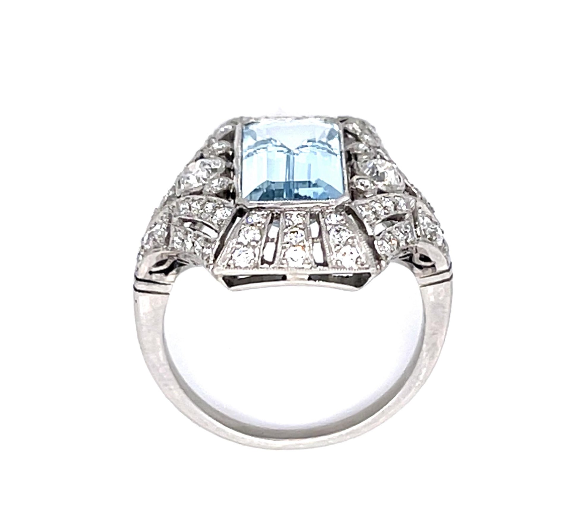 2.66ct Aquamarine 1.33ct Euro Diamond Platinum Handmade Ring