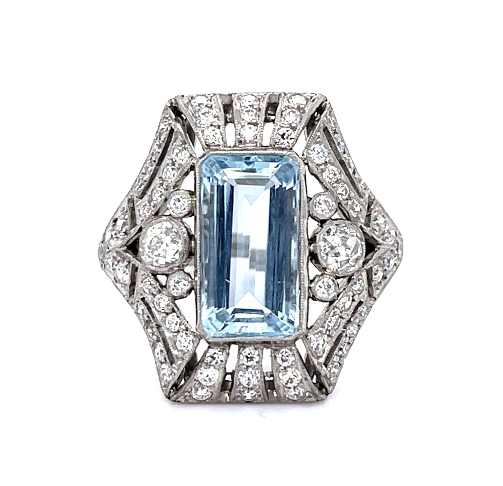 2.66ct Aquamarine 1.33ct Euro Diamond Platinum Handmade Ring