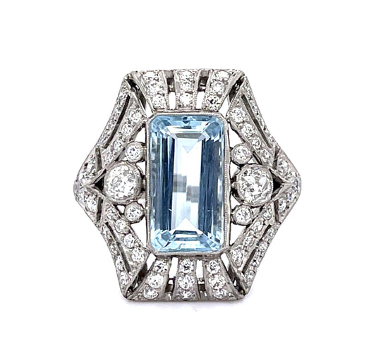 2.66ct Aquamarine 1.33ct Euro Diamond Platinum Handmade Ring