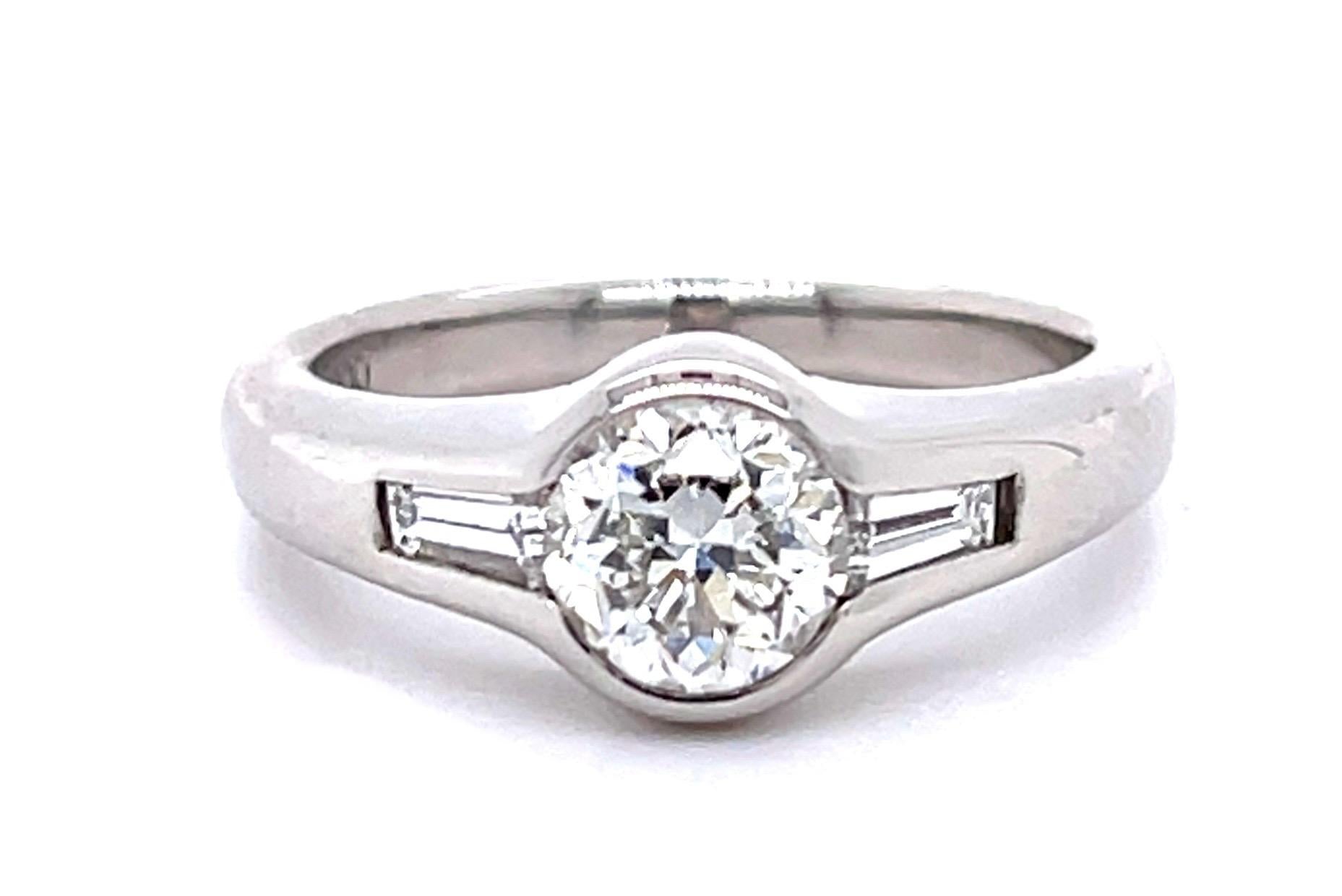 Art Deco 1ct Old European Diamond Platinum Ring (Vintage 1930s) .28ct Baguette D