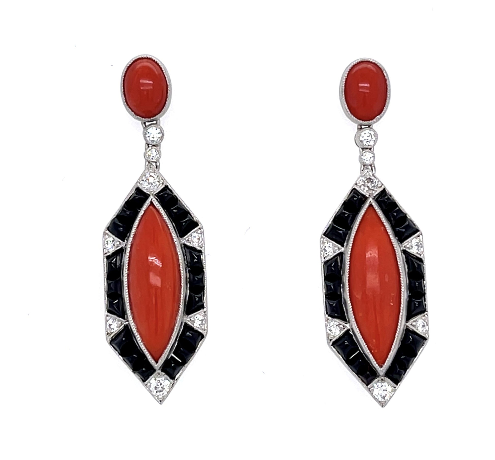 14ct (Two Corals) 36 Onyx pieces Platinum Handmade Drop Earrings